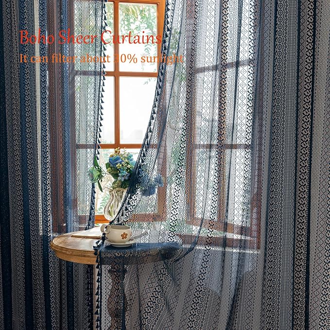 Sutuo Home Boho Lace Curtains 2 Panel Sets for Living Room Bedroom,Semi Sheer Curtains Privacy Vintage Chic Tassels Crochet Farmhouse Style Hollow Rustic Rod Pocket Festival Decor, 50" x 96" Navy Blue