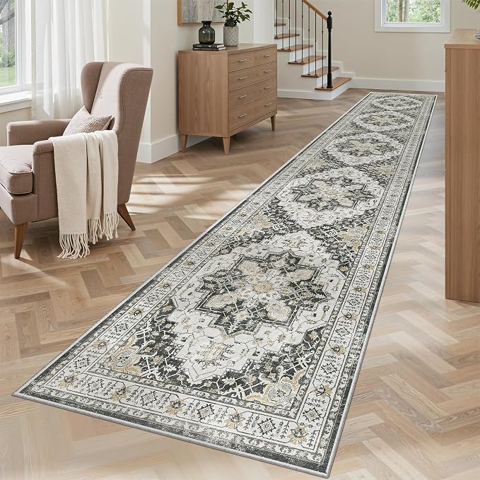 Madane Washable Runner Rugs 2x12 Long for Hallway Kitchen Soft, Black | Non-Slip Vintage Printed 12ft Rug Runners with Rubber Backing, Thin Low-Pile Floor Carpet Laundry Room Entryway, Corridor