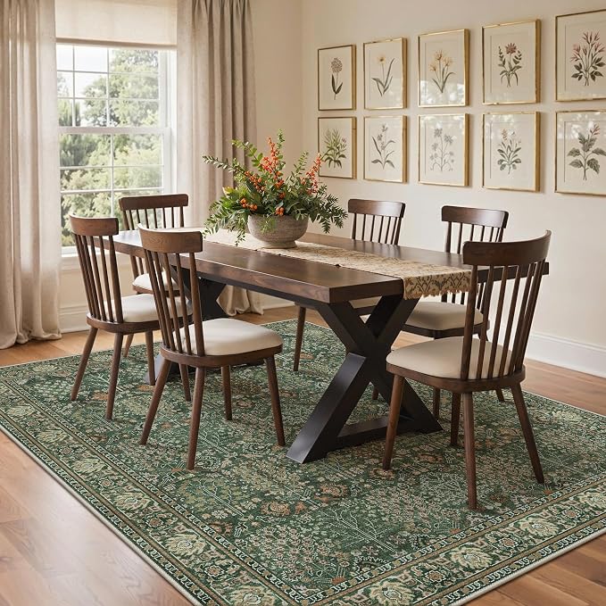 Bavni 2x7 Rug Runners for Hallways, Washable Runner Rug Non Slip,Vintage Floral Print Style Rugs for Bedroom-Lightweight Low Pile Carpet for Hallways Bathroom, Forest Green