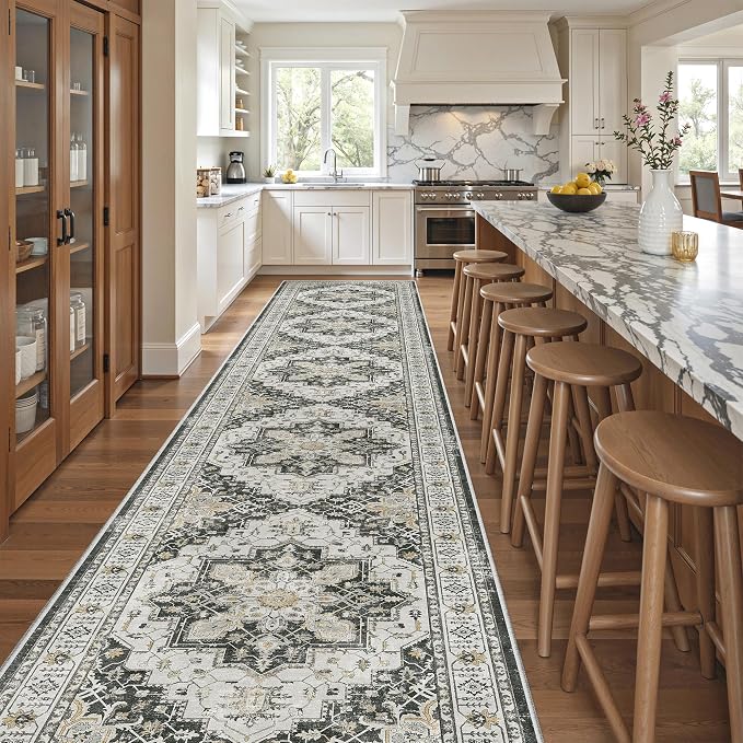 Madane Hallway Runner Rug 3x16 Washable Kitchen Runners Long, Black | Vintage Non-Slip Wide Area Rugs 16ft for Entryway, Low-Pile Farmhouse Indoor Floor Carpet for Living Room Bedroom
