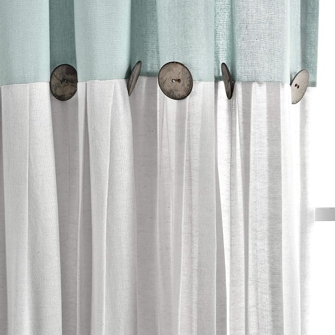 Lush Decor Linen Button Window Curtain Panel, Single, 40" W x 63" L, Blue & Off White - Country Curtains - Rustic Decor - Color Block Modern Farmhouse Curtains For Living Room, Bedroom & Dining Room