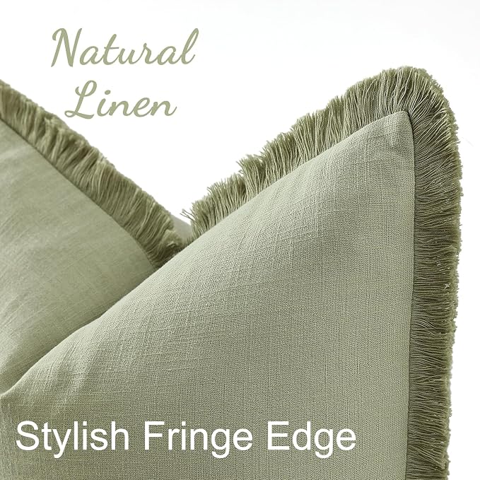 decorUhome Linen Fringe Throw Pillow Covers Set of 2 Decorative Sage Green Pillow Covers with Tassels Soft Accent Boho Farmhouse Pillow Cases for Couch Bed Sofa 16x16 Inch