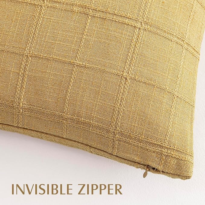 Foindtower Set of 2 Decorative Linen Check Throw Pillow Covers Neutral Farmhouse Vintage Cushion Covers Modern Boho Accent Home Decor for Sofa Chair Couch Bedroom Living Room,18×18 Inch,Amber Gold