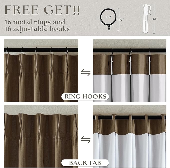 Dutch Cocoa Pinch Pleated Full Blackout Curtains Linen Blend Room Darkening Window Curtains 80 Inch for Living Room Bedroom Thermal Insulated Back Tab Pinch Pleat Drapes with Hooks Rings 2 Panels