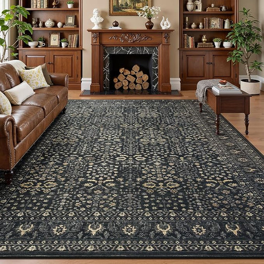 Lofus 8x10 Large Black Area Rug for Living Room & Bedroom Washable Non-Slip | Soft Boho Vintage Area Rugs for Bedroom Dinning Room Home Office Indoor