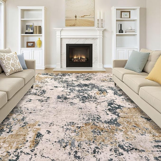 Area Rugs for Living Room: 12x15 Abstract Washable Rug Modern Neutral Large Soft Stain Resistant Non-Slip Backing Machine Table for Bedroom Dining Room Indoor Home Office Carpet - Grey Gold