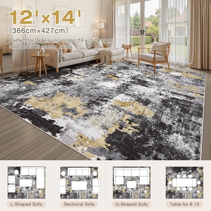Abstract 12x14 Area Rug: Machine Washable Non Slip Ultra Thin Low-Pile Carpet, Soft Stain Resistant for Living Room Bedroom Office, Kid Pet Friendly, Robot Vacuum Compatible - Black Gold
