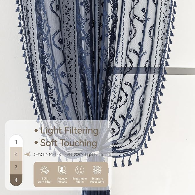WAZZIO Boho Lace Curtains 2 Panels 84 Inch -Victorian Sheer Panel Drape French Country Floral Pattern & Tassel Light Filtering Privacy for Bedroom Dining Living Room,Coastal Decor,Navy Blue,W52x L84