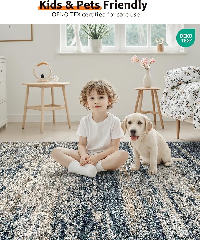 Art&Tuft Washable Rug 6x9, Anti-Slip Backing Abstract 6x9 Area Rug, Stain Resistant Rugs for Living Room, Foldable Machine Washable Area Rug (6'x9', Navy)