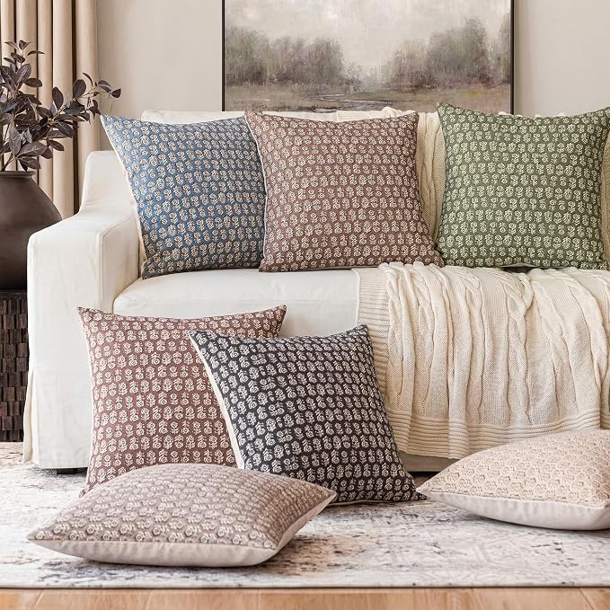 Foindtower Set of 2 Decorative Vintage Floral Print Throw Pillow Covers Neutral Modern Farmhouse Cushion Covers Boho Home Decor for Sofa Couch Chair Bedroom Living Room,24×24 Inch,Sage Green
