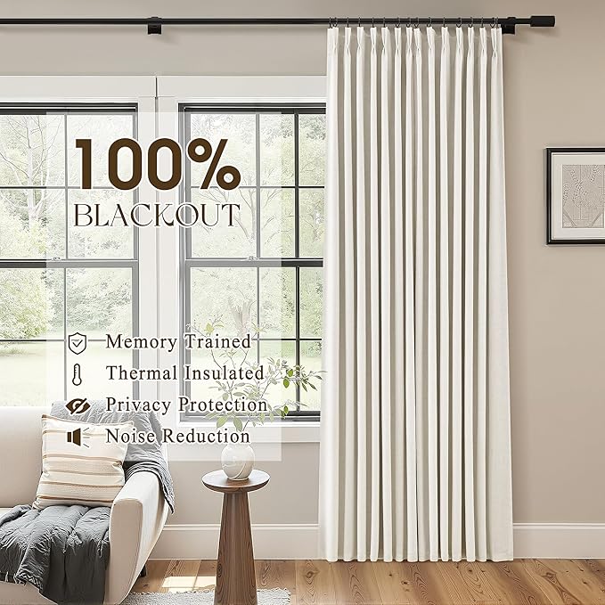 Natural Pinch Pleated Linen Blackout Curtains 84 Inch Length for Bedroom Living Room 2 Panels, Darkening Thermal Insulated Cream Beige Birch Neutral Pinch Pleat Back Tab Track System Drapes