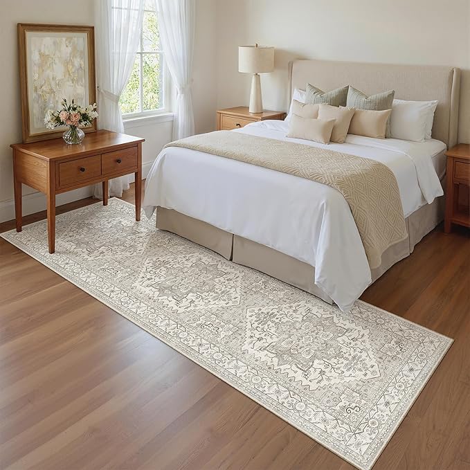 Madane Kitchen Runner Rug 2x7 with Rubber Backing Non Slip, Beige/Brown | Vintage Ultra-Thin Machine Washable Hallway Rugs 7 ft, Soft Low-Pile Throw Carpet Runners for Bedroom Bathroom Laundry Room