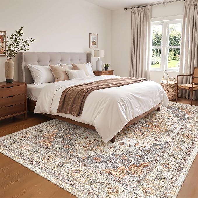 befbee 5x7 Area Rugs for Living Room,Stain Resistant Washable Rug,Non-Slip Backing Rugs for Bedroom,Kitchen,Printed Vintage Home Decor Rug (Turmeric/Grey, 5'x7')