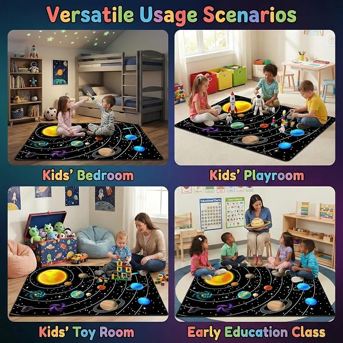 Outer Space Rug for Boys Room,3'×5' Space Rug for Kids Bedroom with Solar System Theme,Educational Planet Carpet for Playroom and Classroom Decor