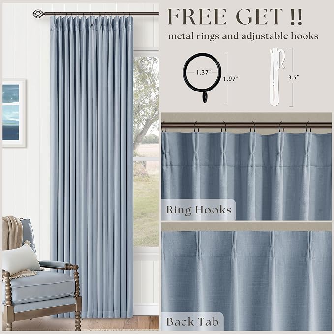 Light Blue Linen Blackout Pleated 105 Inch Curtains for Living Room Darkening Pinch Pleat 100% Black Out Drapes Thermal Insulated Soundproof 105 Inch Curtain with Liner for Dining Kids Girls Bedroom