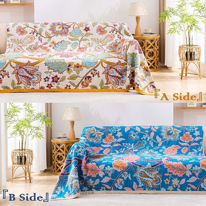 XIBLC Boho Throw Blanket for Bed, 100% Cotton Soft Rustic Quilt Fall Blanket, 80"x90" Floral Printed Farmhouse Decor Bed Blankets, All Season Rustic Reversible Bohemian Throw Quilt