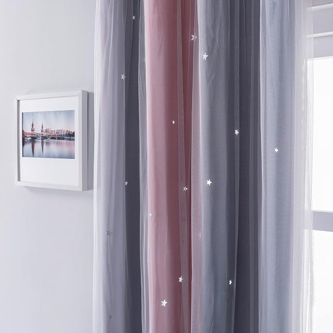 XiDi Curtains for Bedroom Decor, Rainbow Pink-Grey-52-54