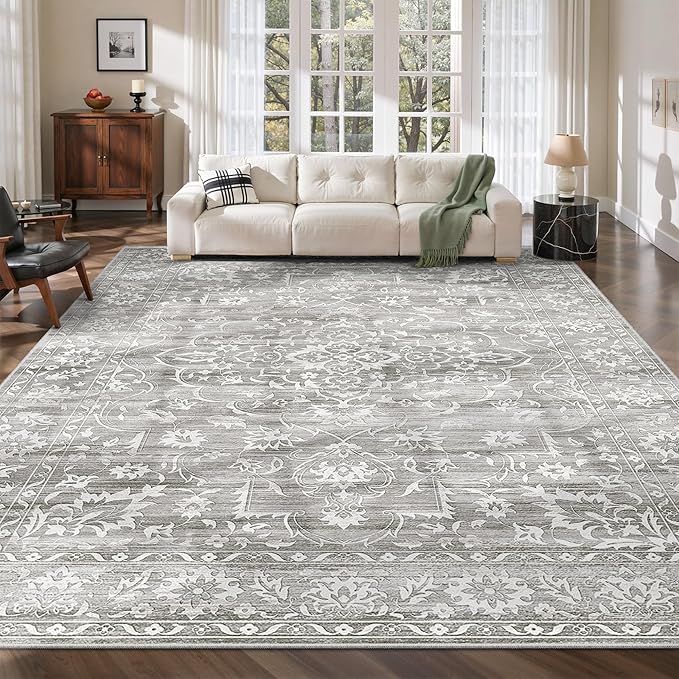 Soalmost 8x10 Area Rugs for Living Room, Washable Bedroom Soft Rug Grey | Vintage Floral Non-Slip Low Pile Stain Resistant Throw Large Neutral Carpet for Dining Room Kitchen Home Office 8'x10'