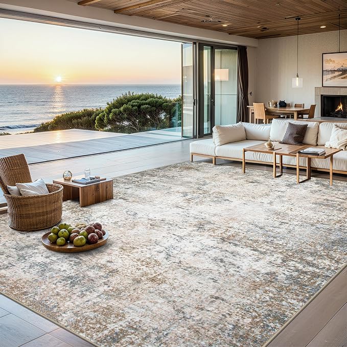 Area Rugs 10x14 Living Room - Washable Rug Modern Abstract Soft Large Neutral Non-Slip Carpet Indoor Floor Stain Resistant Thin Carpets for Bedroom Dining Room Farmhouse Nursery Home Office Brown Grey