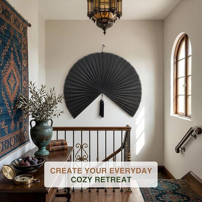 SUCHUBU Large Wall Fan Decor, 47" Handcrafted Bamboo Hanging Fan, Japanese Style Wall Art, Aesthetic Asian Decor for Fireplace, Natural Boho Wall Accent, Hanging Loop Included (Black, Large)