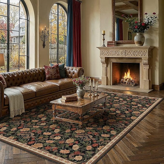 HUGEAR Retro Area Rugs 8x10 Washable Living Room Bedroom Rugs Vintage Floral Throw Carpet Black Brown Stain Resistant Non Slip Low Pile for Home Aesthetic Modern Decor