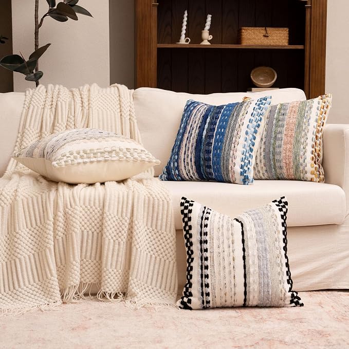 Boho Chenille Tufted Throw Pillow Covers 18x18 Inch Set of 2 Farmhouse Blue Woven Striped Decorative Pillowcases for Couch Sofa Bed