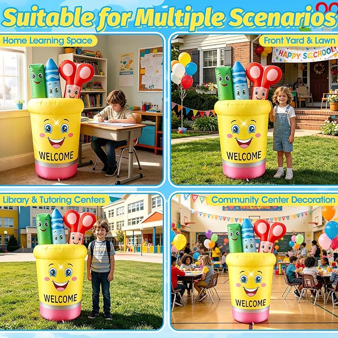 5FT Back to School Inflatable Outdoor Decorations Giant Blow Up Pencil Holder with Crayons & Ruler,Built-in LED Lights for First Day of School Welcome Party Photos Backdrop Classroom Garden Yard Decor