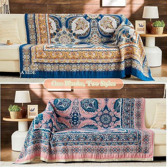 Boho Throw Blanket 100% Cotton Muslin Woven Blanket Bohemian Bed Throws Vintage Rustic Farmhouse Decor Reversible Bed Blanket Quilt for All Seasons（Blue 90"x98"）