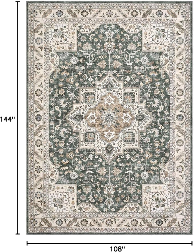 Vintage Living Room Area Rug 9x12 - Large Soft Washable Oriental Traditional Distressed Farmhouse Rugs for Bedroom - Indoor Floor Accent Carpet for Home Office House Decor - Vintage Green
