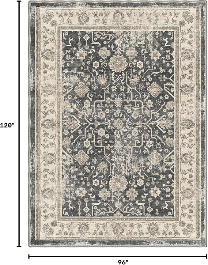 Bavni Washable Rugs 8x10, Machine Washable Rug Lightweight Low Pile, Oriental Floral Vintage Rug Non-Shedding Distressed Throw Carpet for Living Room Bedroom Office, Dusty Charcoal