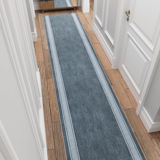 Ottomanson Aisle Runner Rug 2'7" x 26' – Soft Non-Slip Rug, Low Pile Carpet for Hallways, Events, Churches & Extra-Long Indoor Spaces, Greek Border Greyish Blue