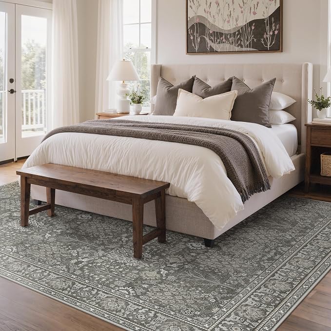 Bavni 2x5 Rug Runners for Hallways, Washable Runner Rug Non Slip,Vintage Floral Print Style Rugs for Bedroom-Lightweight Low Pile Carpet for Hallways Bathroom, Grey