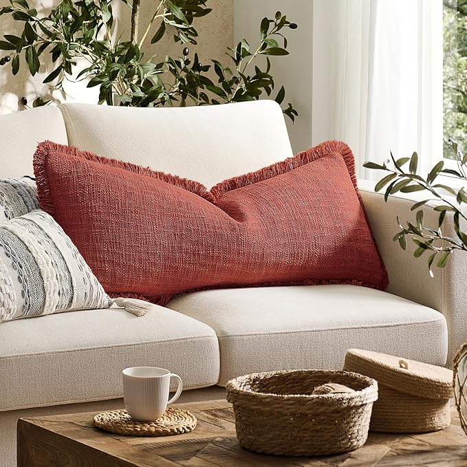 Kevin Textile 12x20 Inch Lumbar Pillow Cover 1 Pack Boho Fringe Decorative Rectangle Cushion Case with Tassels Neutral Cotton Woven Textured Farmhouse for Living Room Couch Sofa Bed, Burnt Brick
