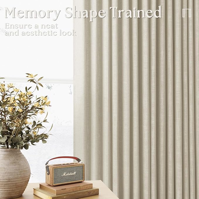 Beige Pinch Pleated Linen Curtains 63 Inches Long 2 Panels for Living Room Bedroom Memory Trained Semi Sheer Pleat Drapes with Hooks Rings Light Filtering Dining Room Cabin Window Curtain 40x63
