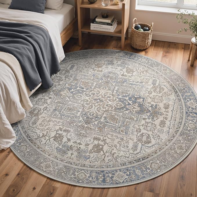 GENIMO 5FT Round Area Rugs for Living Room, Circle Rugs Machine Washable Low Pile, Non Slip Vintage Rug for Bedroom, Dining Room, Home Office, Khaki Blue