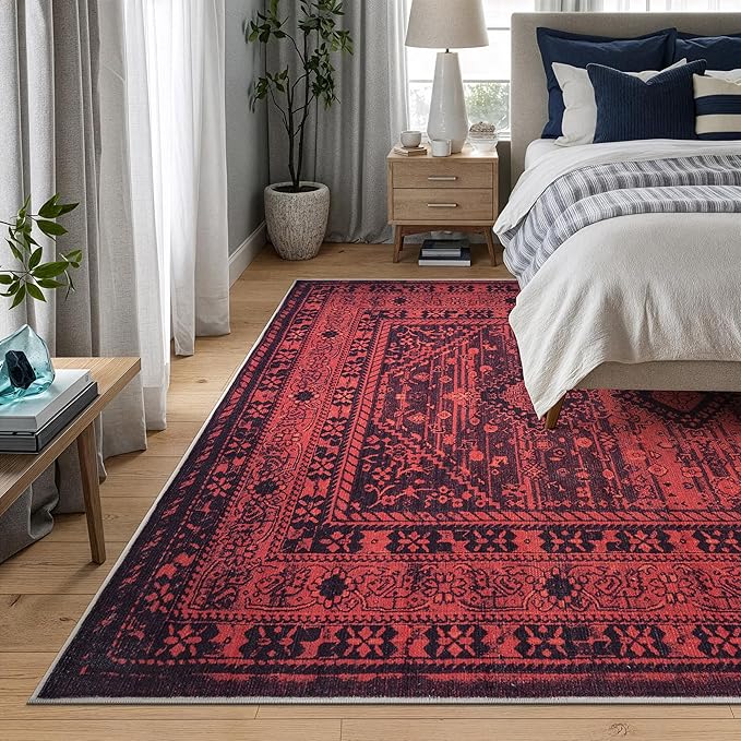 Bloom Rugs Washable Non-Slip 8' x 10' Rug - Red Traditional Bordered Area Rug for Living Room, Bedroom, Dining Room, and Kitchen - Exact Size: 8' x 10'