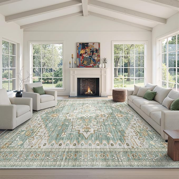 befbee 8x10 Area Rugs for Living Room, Stain Resistant Neutral Washable Rugs for Dining Room, Floral Vintage Non-Slip Thin Large Size Area Rug （Green）