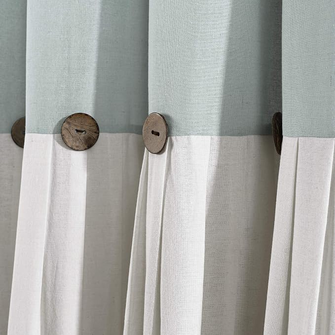 Lush Decor Linen Button Window Curtain Panel, Single, 40" W x 84" L, Blue & Off White- Country Curtains - Rustic Decor - Color Block - Modern Farmhouse Curtains