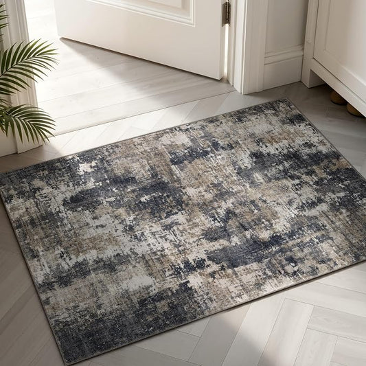 Sasttie 2x3 Area Rug for Entryway, Washable Modern Abstract Small Carpet for Living Room Bedroom Door-mat, Soft Entry Rug with Non-Slip Backing, Black and Beige