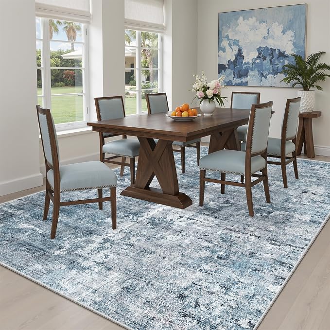 Soalmost 7x9 Area Rug for Living Room Washable Abstract Vintage Soft Thin Indoor Floor Non-Slip Carpet for Bedroom Dining Room Blue Grey