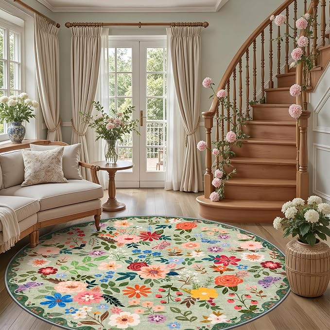 Round Area Rug for Living Room: 8 ft Floral Washable Circle Rug Soft Boho Non-Slip Carpet Indoor Floor Stain Resistant Low Pile Small Circular Rug for Bedroom Entryway Kitchen Nursery Green