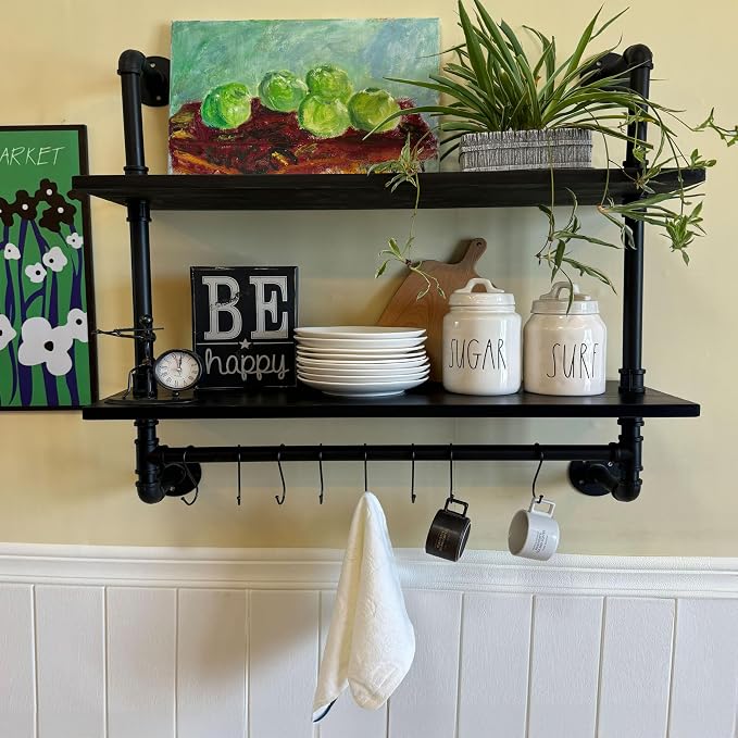 ROGMARS Industrial Pipe Shelving Pine Wood Floating Shelves for Wall | 30 inch Kitchen Wall Mounted shelves Bathroom Shelves with Towel Bar Coffee Bar Shelf with Hooks for Living Room Bedroom