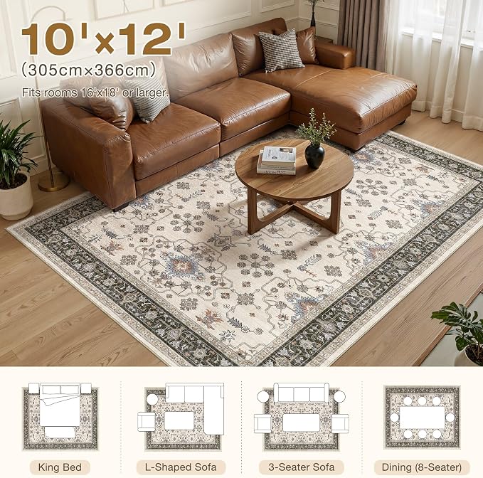 10x12 Area Rugs for Living Room - Large Carpet Ultra Thin Soft Washable Oriental Vintage Floral Distressed Big Indoor Carpets for Bedroom Nursery Dorm Home Decor Aesthetic - Brown Black