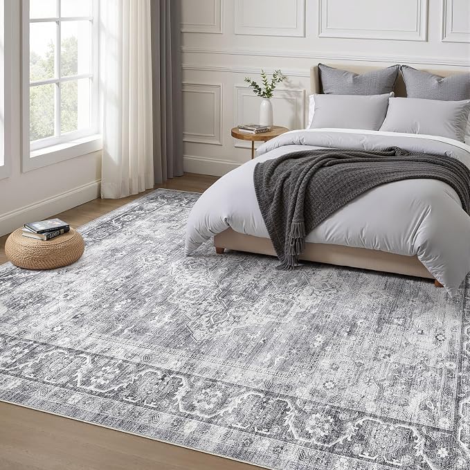 7x10 Area Rug Living Room: Washable Boho Large Neutral Vintage Soft Rug Stain Resistant Farmhouse Non-Slip Indoor Floor Carpet for Bedroom Nursery Kids Playroom Office Dining Room- Gray