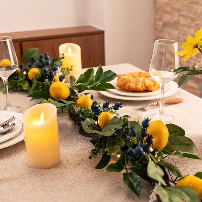 Valery Madelyn 6ft Artificial Lemon Garland for Mantel Summer Decor(Thick) | Faux Lemons Eucalyptus & Blueberry Summer Garland with Lights for Stairs Table Fireplace Farmhouse Kitchen Home Decor