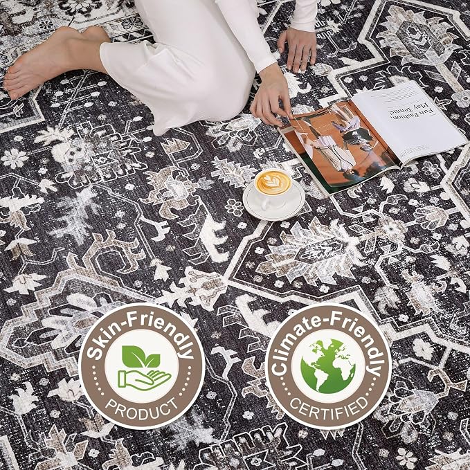 Black Rug Living Room Rugs: 10x13 Washable Boho Large Vintage Moody Soft Distressed Oriental Stain Resistant Non-Slip Indoor Floor Carpet for Bedroom Playroom Office Dining Room Retro Home House