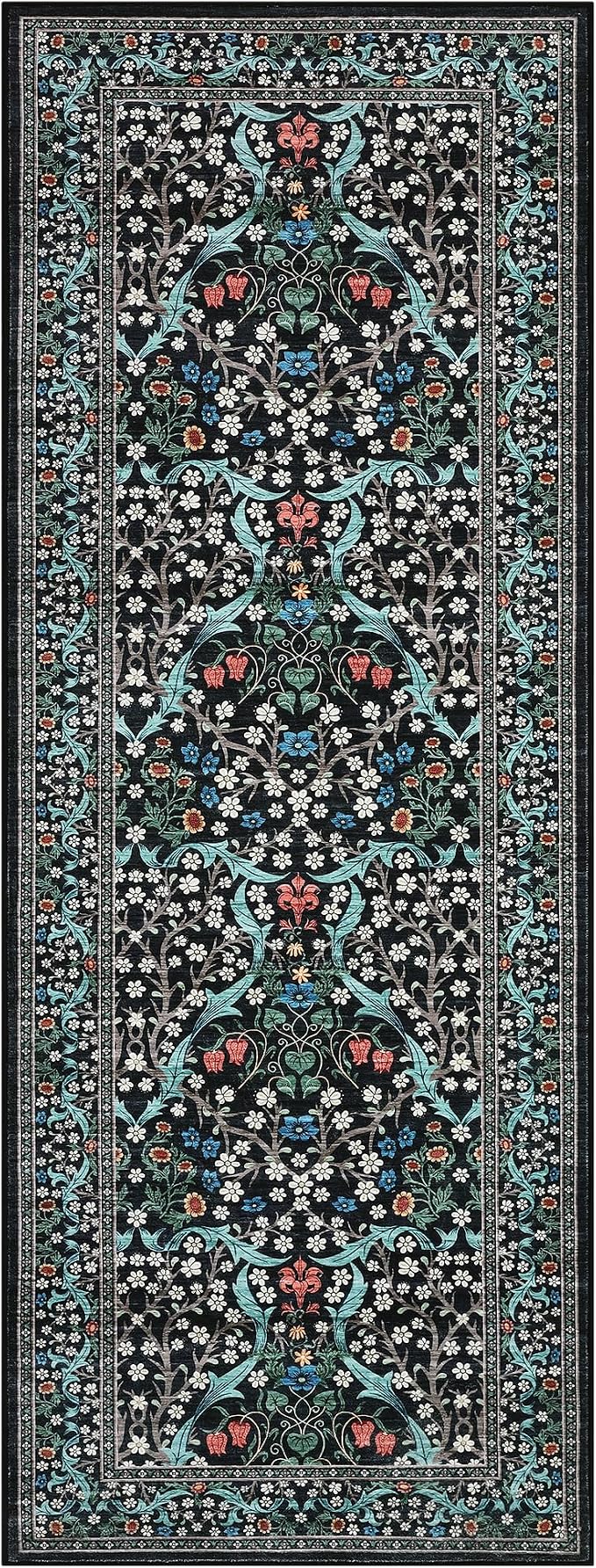GarveeHome Kitchen 2x6 Runner Rug, Floral Washable Rugs for Hallways Non Slip Stain Resistant, Boho Soft Rug Botanical Carpet for Entryway, Laundry Room, Bedroom Floor Mat, Black