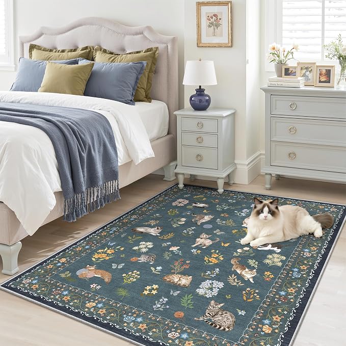 Soalmost Cat 4x6 Area Rugs, Machine Washable Animal Floral Accent Rug Non-Slip Low Pile Soft Throw Rugs for Entryway Kitchen Bedside Living Room Bedroom Nursery Playroom (4 x 6,Navy Blue)
