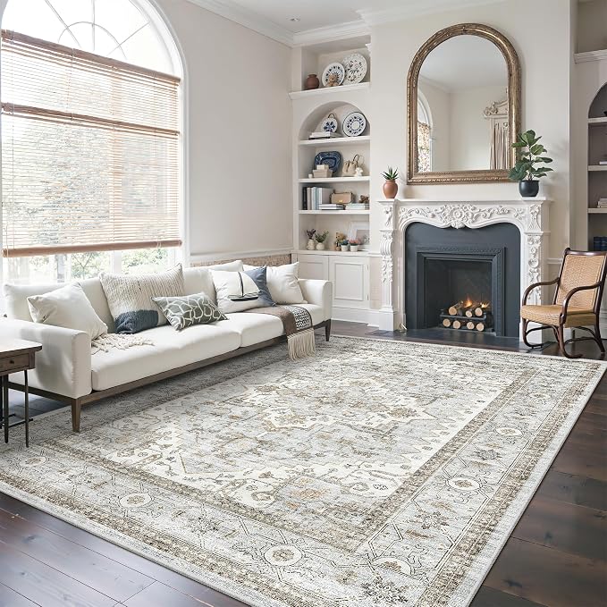 Washable 7x9 Area Rug for Living Room,Vintage Floral Large Rugs with Non Slip Backing Stain Resistant Carpet for Bedroom Indoor Soft Carpets Home Decor,Blue
