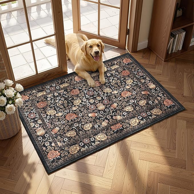 GarveeHome Brown Black 2.5x8 Runner Rug Washable Kitchen Rugs Non Slip Vintage Floral Boho Long Rug for Hallways Bedroom Entryway Bathroom Mat TPE Backing